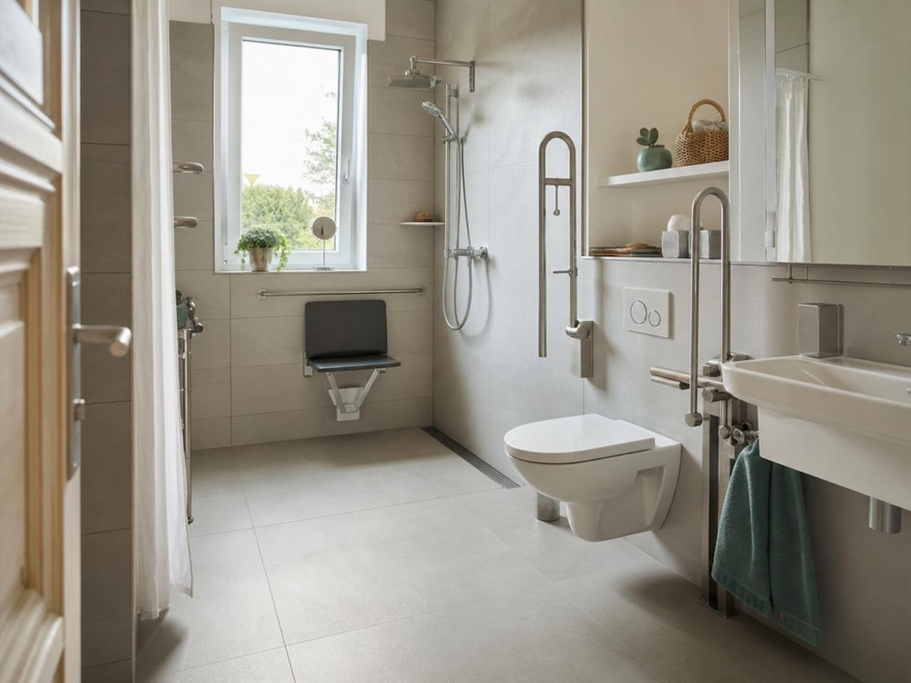Barrierefreies Bad mit bodengleicher Dusche und Haltegriffen in der Region Peine