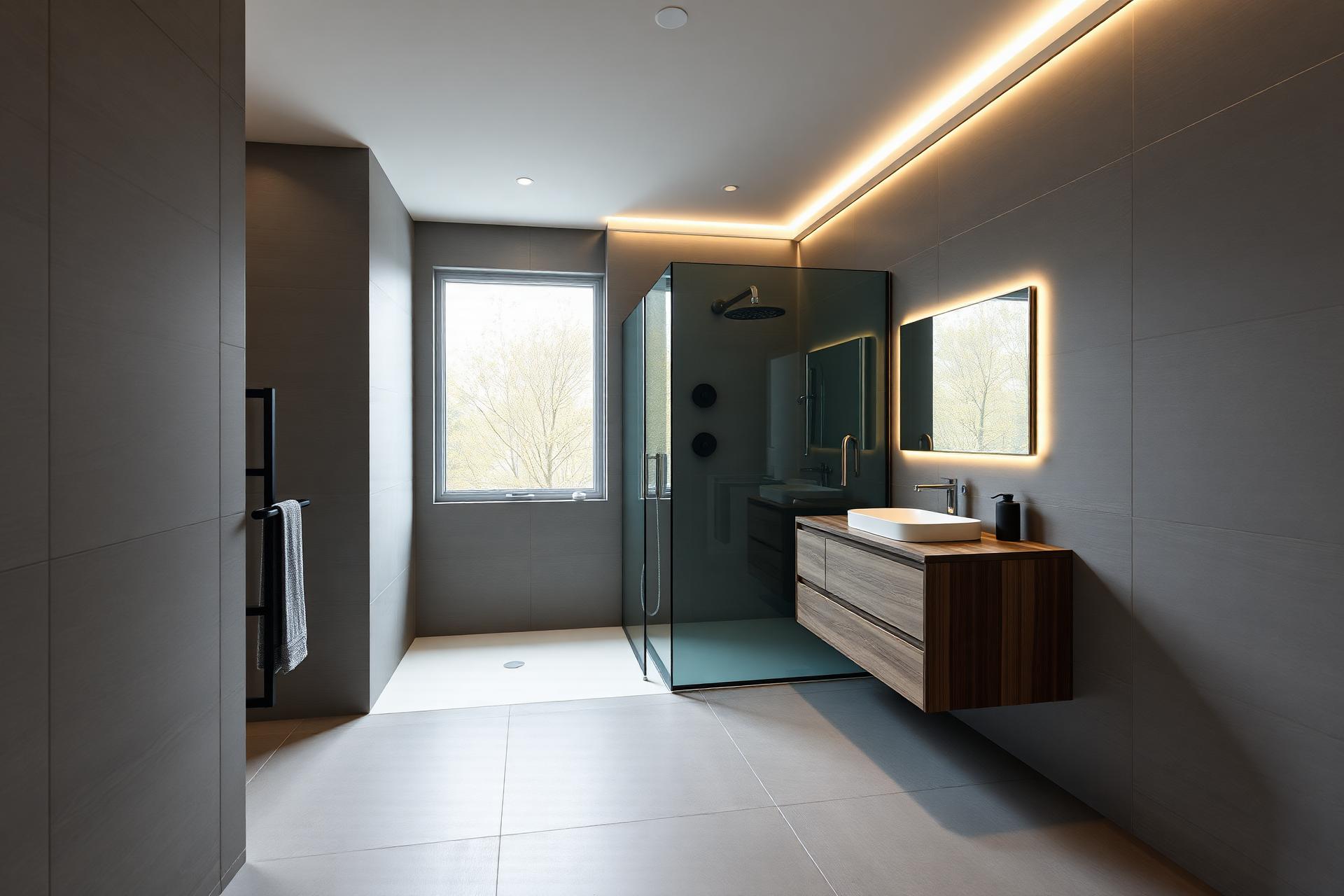 Komplett saniertes Badezimmer in Peine mit bodengleicher Regendusche und Holzoptik