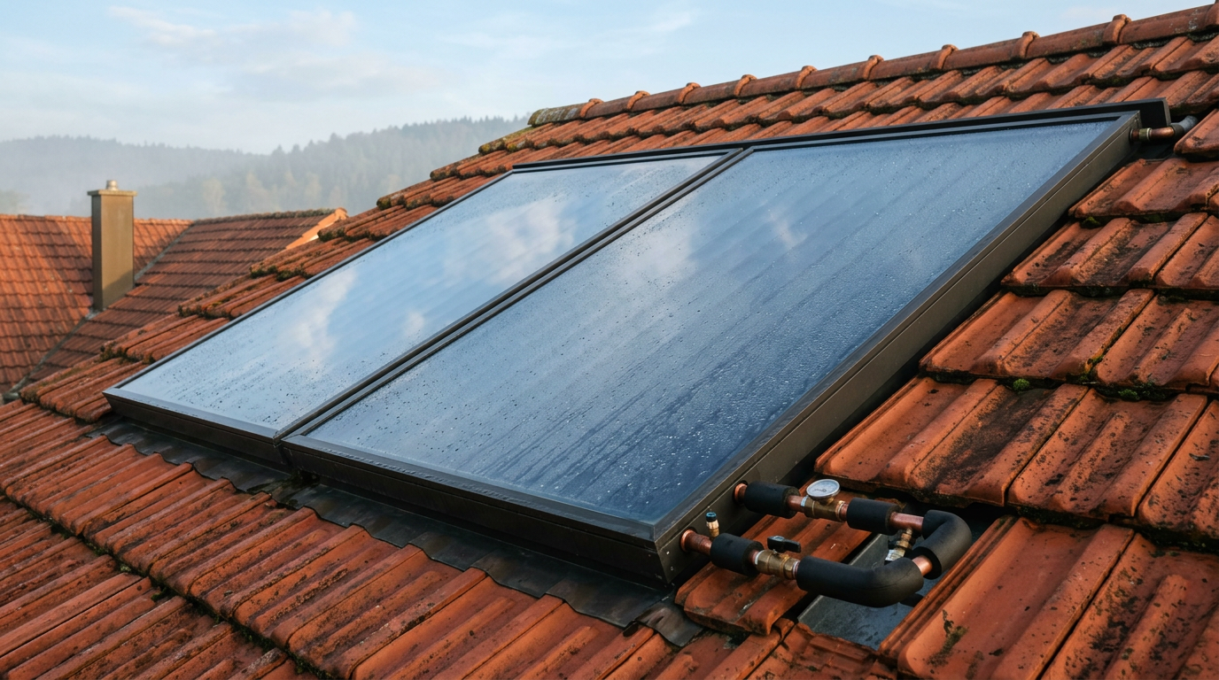 Solarthermie-Kollektoren auf rotem Ziegeldach zur Warmwasserbereitung in Peine