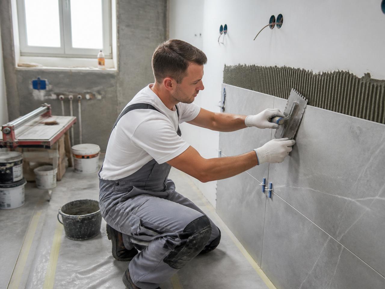 Handwerker des Meisterbetriebs Kelm bei der Fliesenmontage in einer Badsanierung